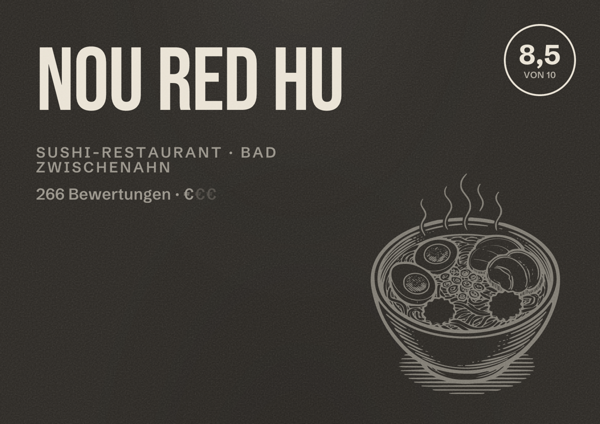 Illustriertes Poster von Nou red Hu, Sushi-Restaurant in Bad Zwischenahn: Bewertung 8,5 von 10 aus 266 Bewertungen, Preisniveau €