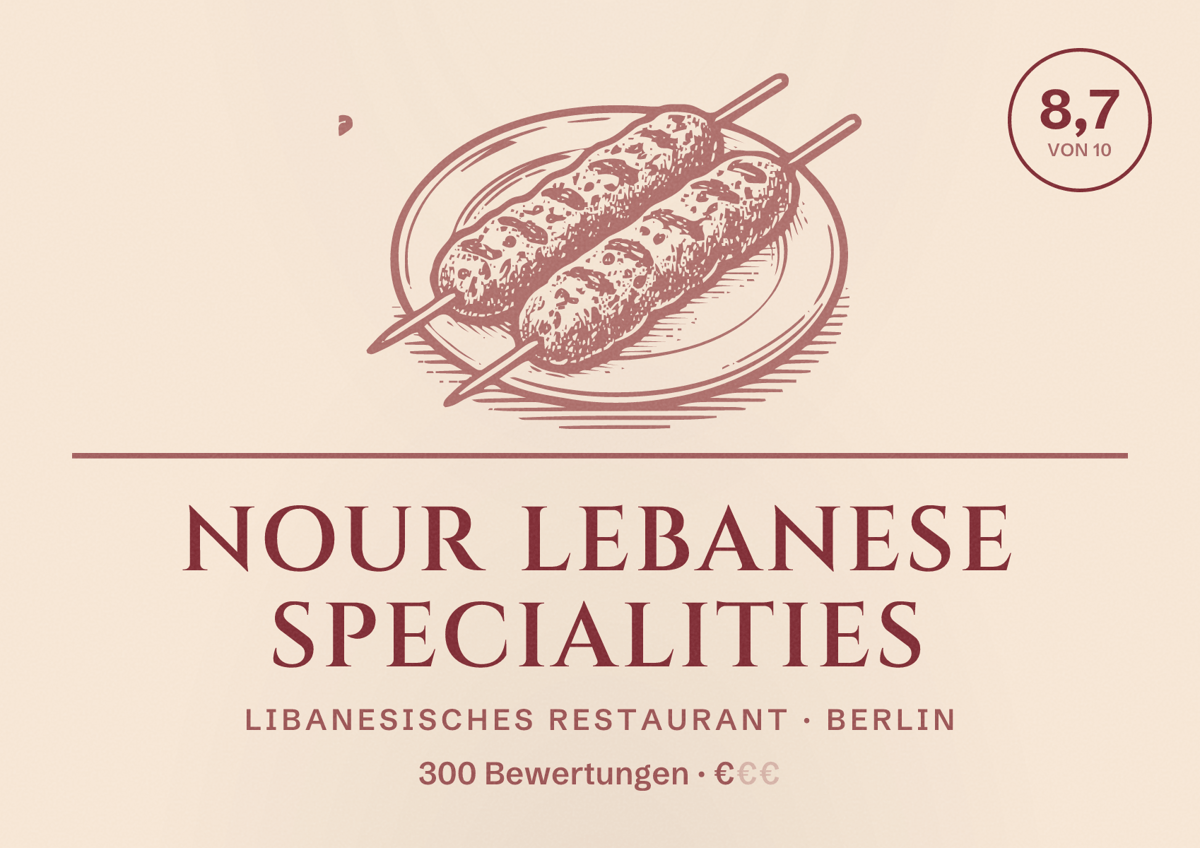 Illustriertes Poster von Nour Lebanese Specialities, Libanesisches Restaurant in Berlin: Bewertung 8,7 von 10 aus 300 Bewertungen, Preisniveau €