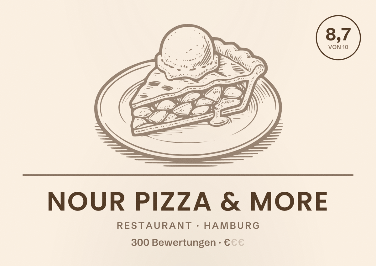 Illustriertes Poster von Nour Pizza & More, Restaurant in Hamburg: Bewertung 8,7 von 10 aus 300 Bewertungen, Preisniveau €