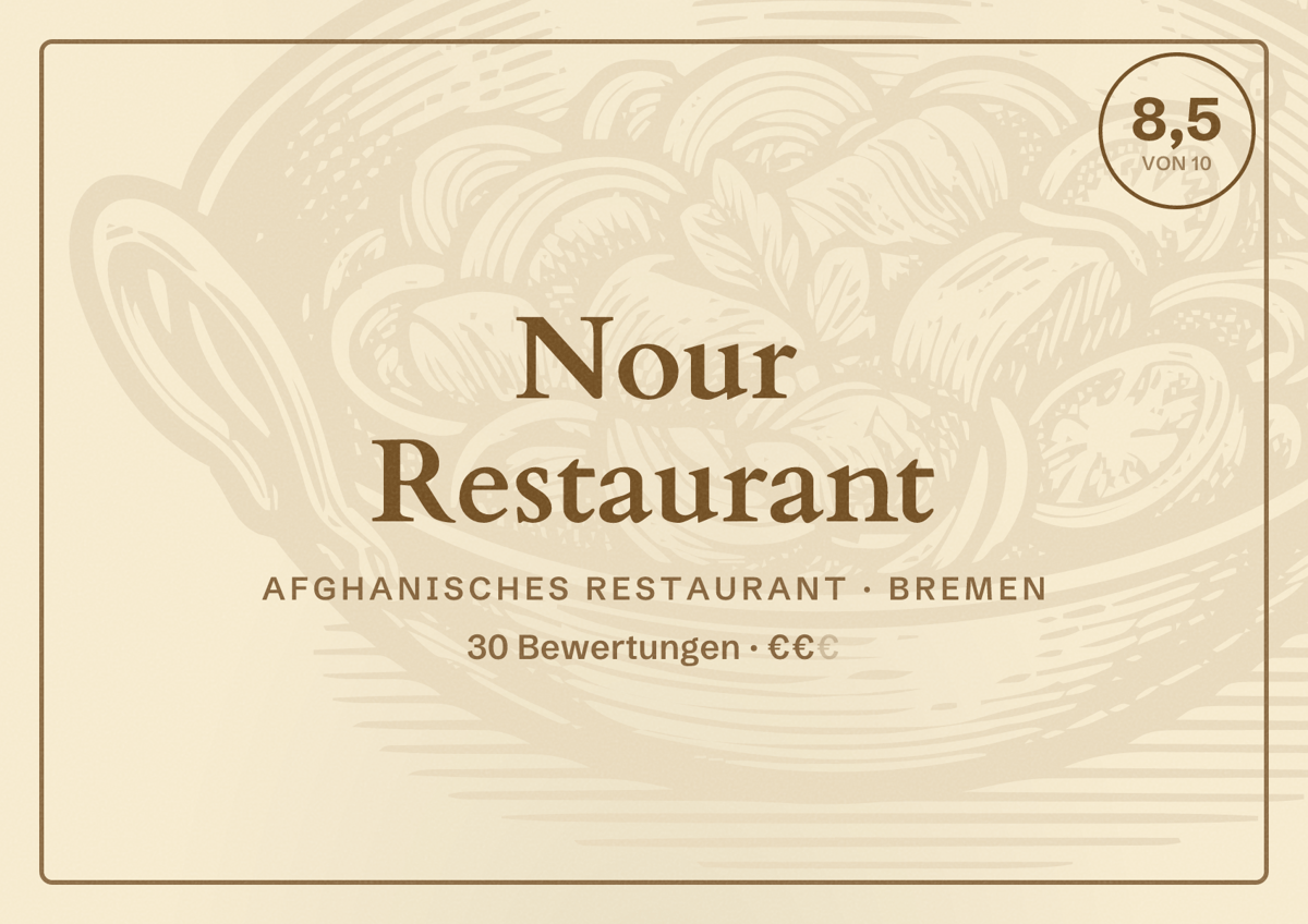 Illustriertes Poster von Nour Restaurant, Afghanisches Restaurant in Bremen: Bewertung 8,5 von 10 aus 30 Bewertungen, Preisniveau €€