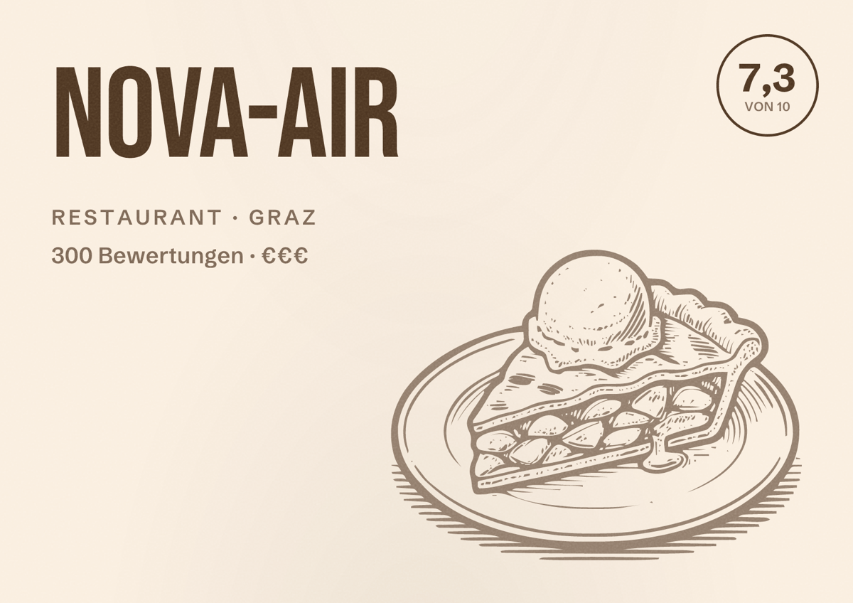 Illustriertes Poster von NOVA-AIR, Restaurant in Graz: Bewertung 7,3 von 10 aus 300 Bewertungen, Preisniveau €€€