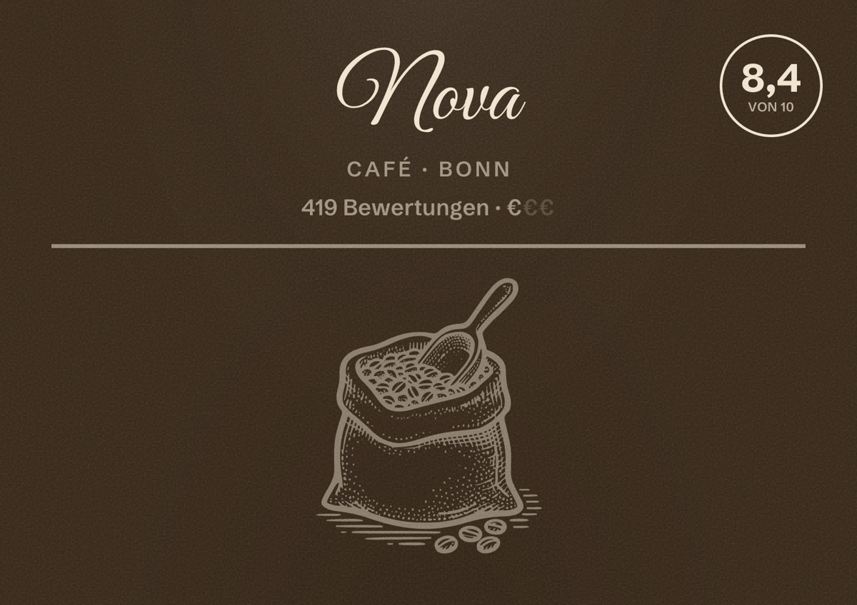 Illustriertes Poster von Nova, Café in Bonn: Bewertung 8,4 von 10 aus 419 Bewertungen, Preisniveau €