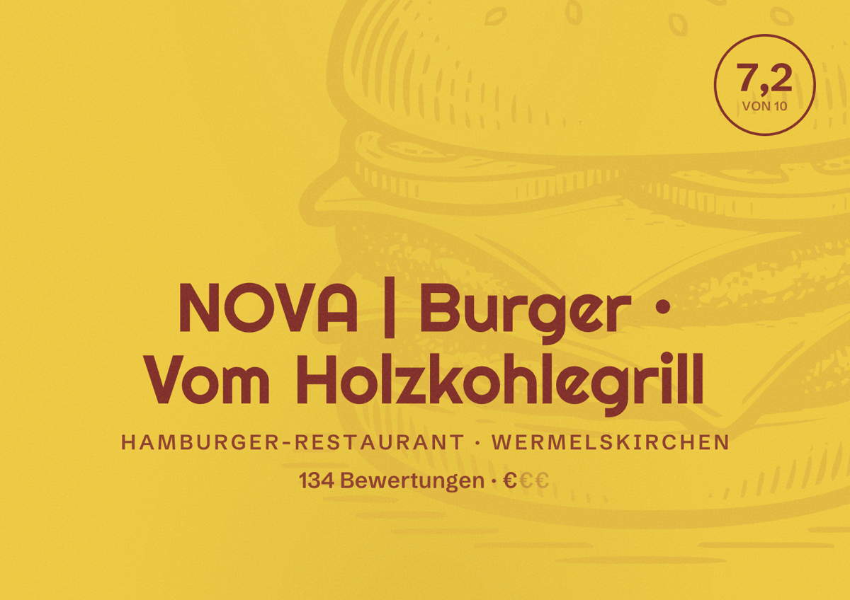 Illustriertes Poster von NOVA | Burger • Vom Holzkohlegrill, Hamburger-Restaurant in Wermelskirchen: Bewertung 7,2 von 10 aus 134 Bewertungen, Preisniveau €