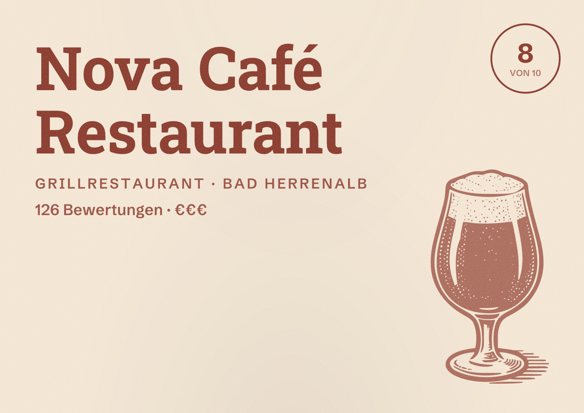 Illustriertes Poster von Nova Café Restaurant, Grillrestaurant in Bad Herrenalb: Bewertung 8 von 10 aus 126 Bewertungen, Preisniveau €€€