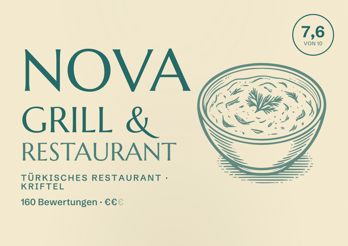 Illustriertes Poster von Nova Grill & Restaurant, Türkisches Restaurant in Kriftel: Bewertung 7,6 von 10 aus 160 Bewertungen, Preisniveau €€