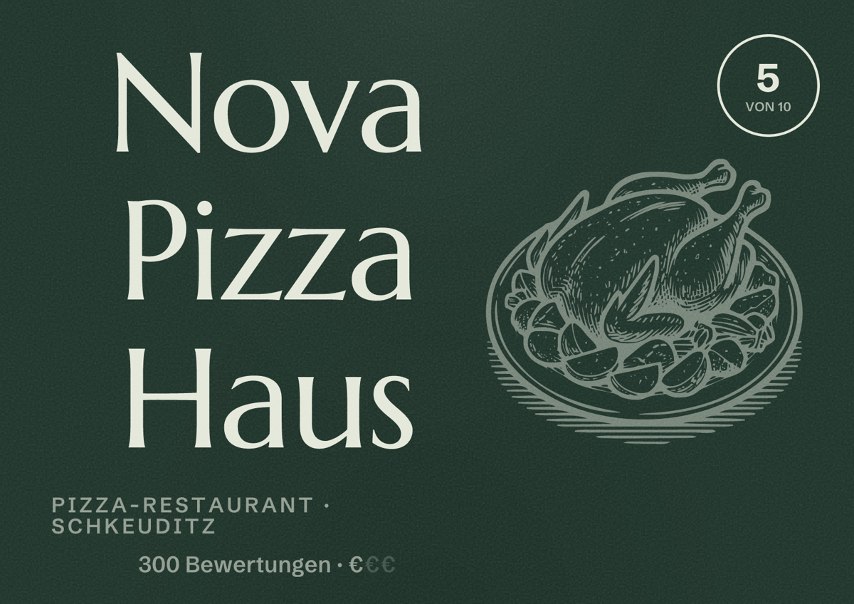 Illustriertes Poster von Nova Pizza Haus, Pizza-Restaurant in Schkeuditz: Bewertung 5 von 10 aus 300 Bewertungen, Preisniveau €