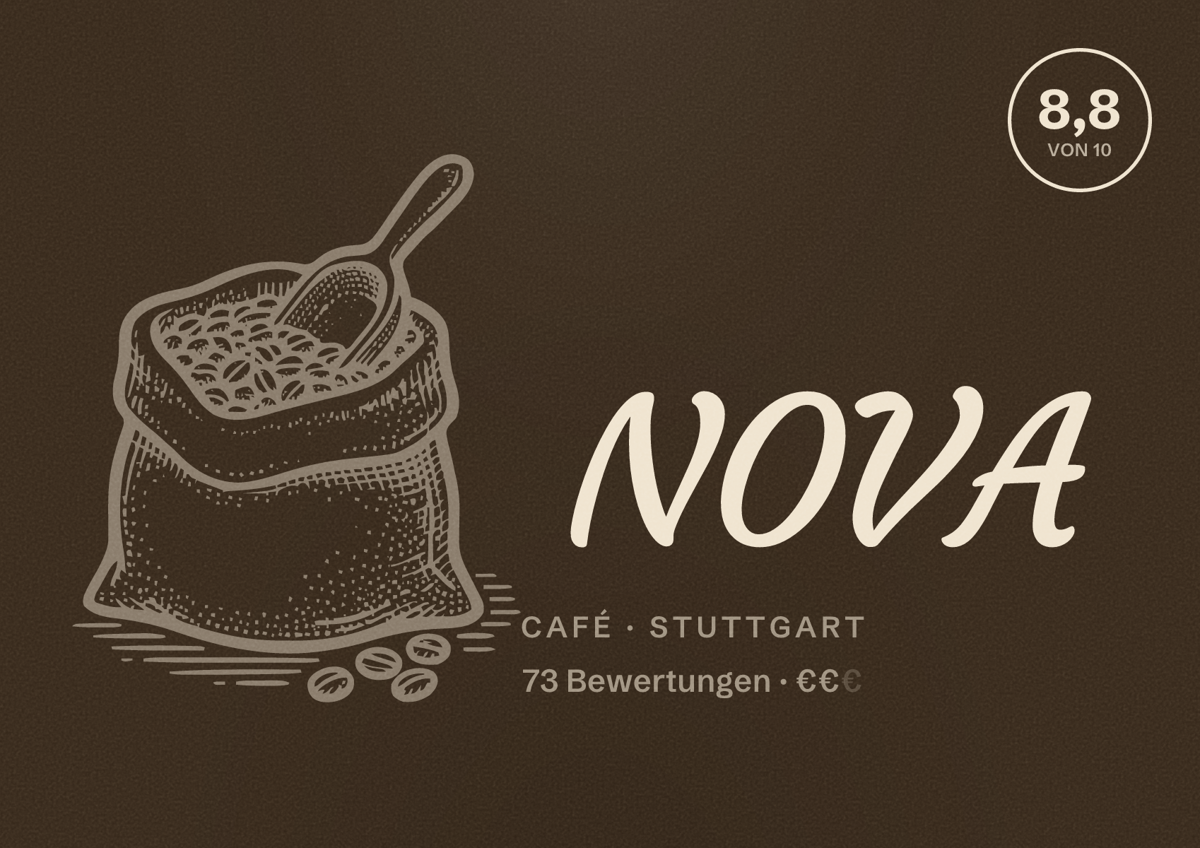 Illustriertes Poster von NOVA, Café in Stuttgart: Bewertung 8,8 von 10 aus 73 Bewertungen, Preisniveau €€