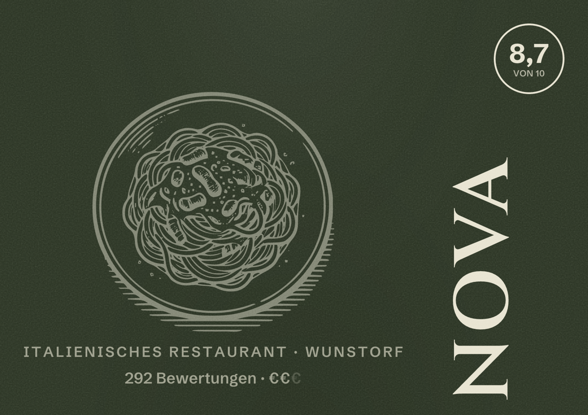 Illustriertes Poster von NOVA, Italienisches Restaurant in Wunstorf: Bewertung 8,7 von 10 aus 292 Bewertungen, Preisniveau €€