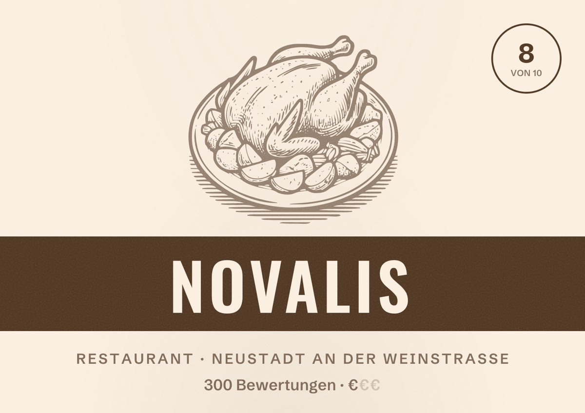Illustriertes Poster von Novalis, Restaurant in Neustadt an der Weinstraße: Bewertung 8 von 10 aus 300 Bewertungen, Preisniveau €