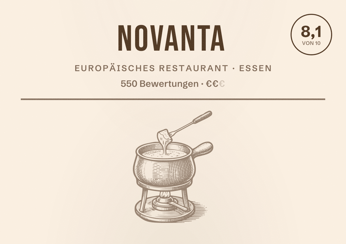Illustriertes Poster von Novanta, Europäisches Restaurant in Essen: Bewertung 8,1 von 10 aus 550 Bewertungen, Preisniveau €€