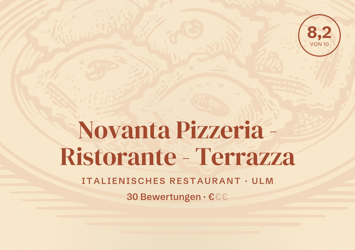Illustriertes Poster von Novanta Pizzeria - Ristorante - Terrazza, Italienisches Restaurant in Ulm: Bewertung 8,2 von 10 aus 30 Bewertungen, Preisniveau €