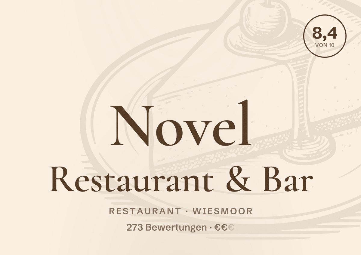 Illustriertes Poster von Novel Restaurant & Bar, Restaurant in Wiesmoor: Bewertung 8,4 von 10 aus 273 Bewertungen, Preisniveau €€