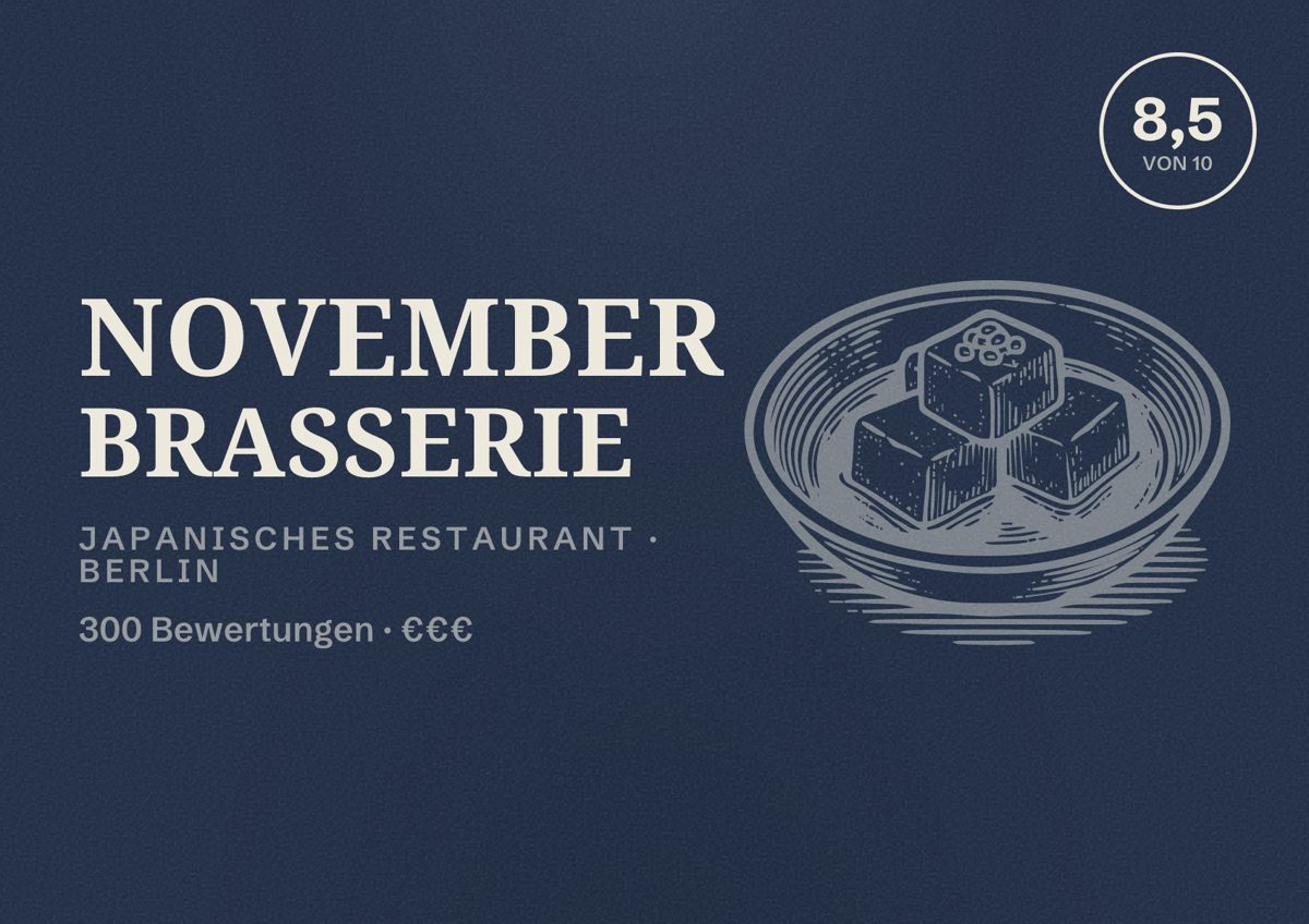Illustriertes Poster von NOVEMBER Brasserie, Japanisches Restaurant in Berlin: Bewertung 8,5 von 10 aus 300 Bewertungen, Preisniveau €€€