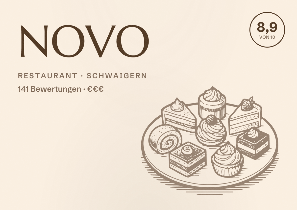 Illustriertes Poster von NOVO, Restaurant in Schwaigern: Bewertung 8,9 von 10 aus 141 Bewertungen, Preisniveau €€€