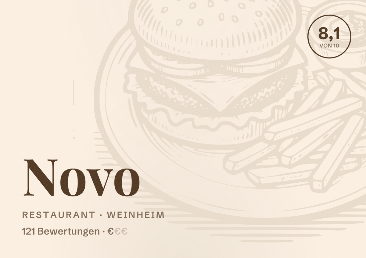 Illustriertes Poster von Novo, Restaurant in Weinheim: Bewertung 8,1 von 10 aus 121 Bewertungen, Preisniveau €