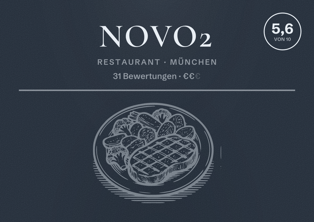 Illustriertes Poster von Novo2, Restaurant in München: Bewertung 5,6 von 10 aus 31 Bewertungen, Preisniveau €€