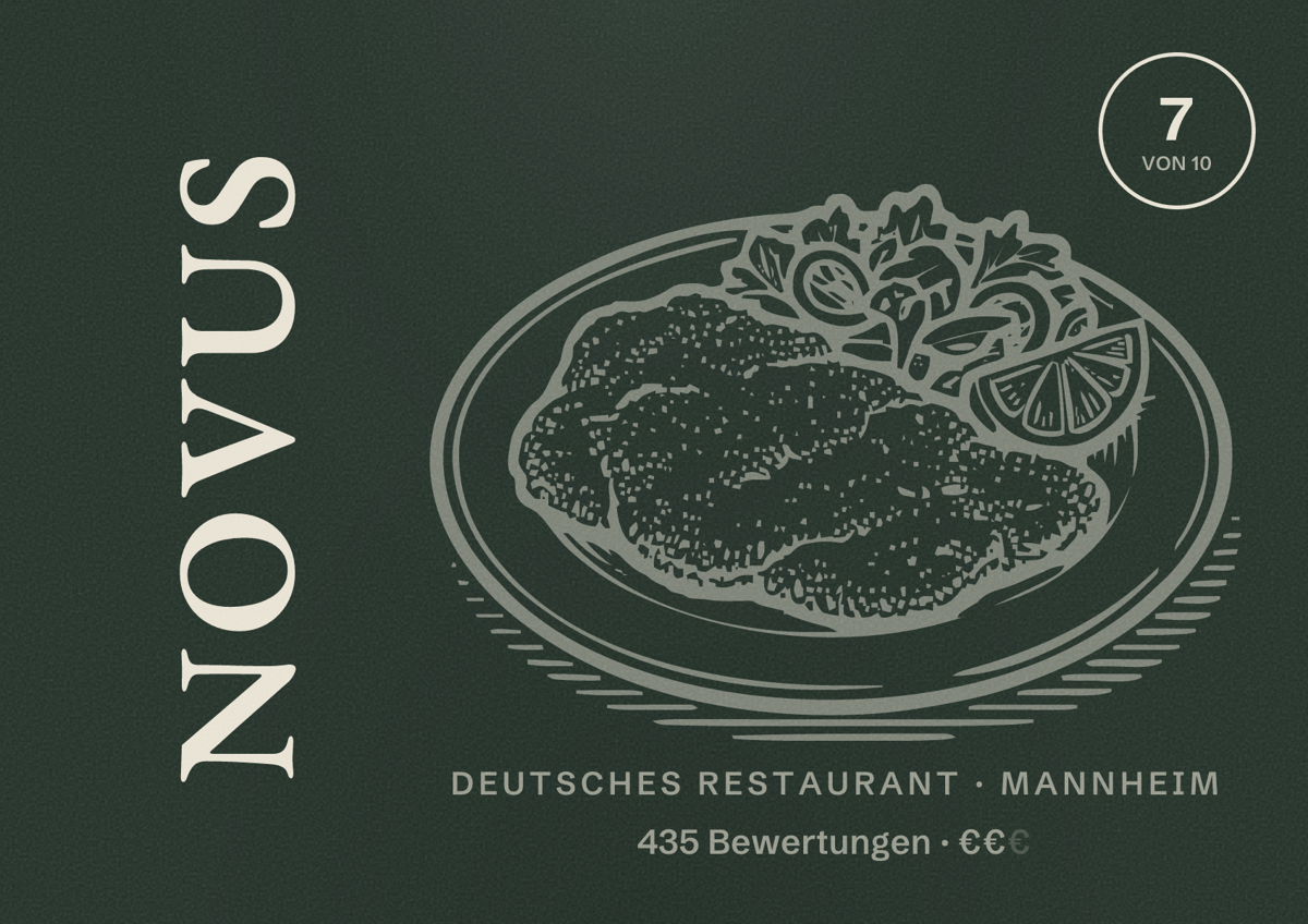 Illustriertes Poster von Novus, Deutsches Restaurant in Mannheim: Bewertung 7 von 10 aus 435 Bewertungen, Preisniveau €€