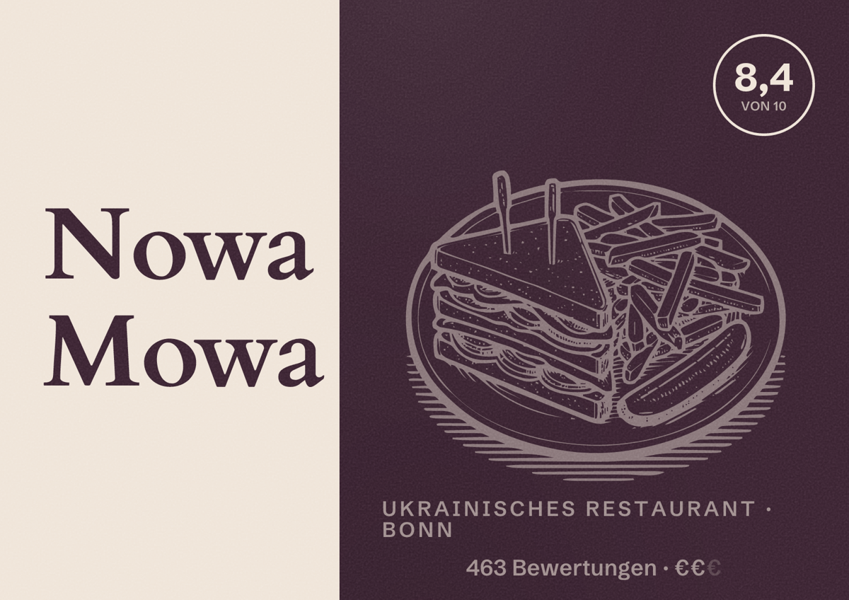 Illustriertes Poster von Nowa Mowa, Ukrainisches Restaurant in Bonn: Bewertung 8,4 von 10 aus 463 Bewertungen, Preisniveau €€