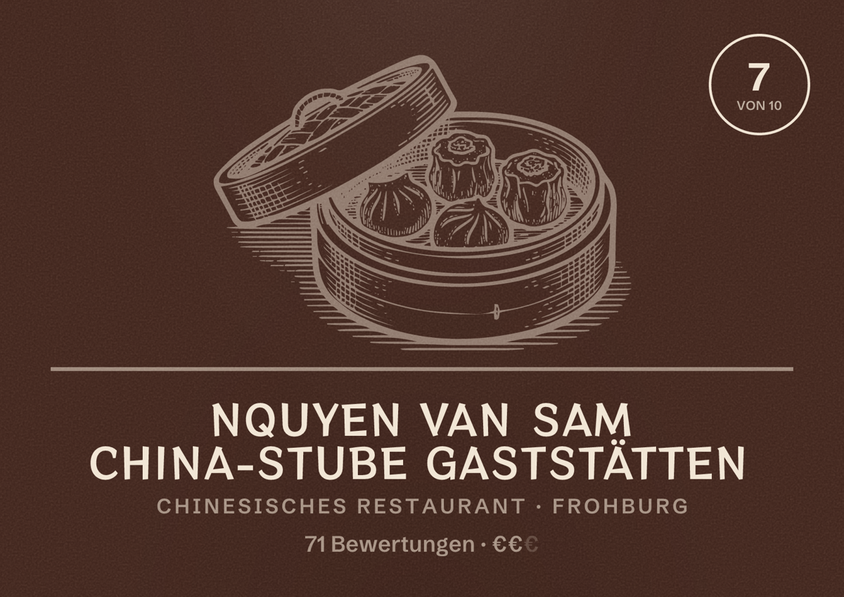 Illustriertes Poster von Nquyen Van Sam China-Stube Gaststätten, Chinesisches Restaurant in Frohburg: Bewertung 7 von 10 aus 71 Bewertungen, Preisniveau €€