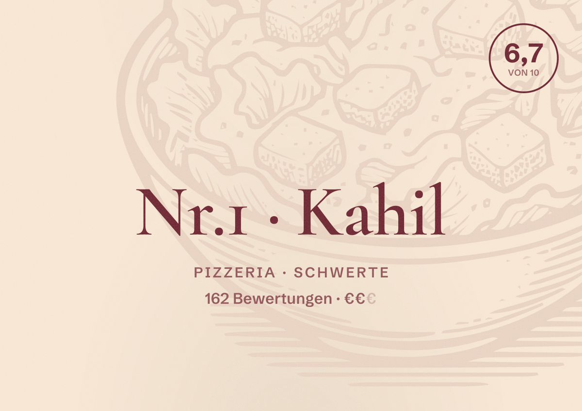 Illustriertes Poster von Nr.1 Kahil, Pizzeria in Schwerte: Bewertung 6,7 von 10 aus 162 Bewertungen, Preisniveau €€
