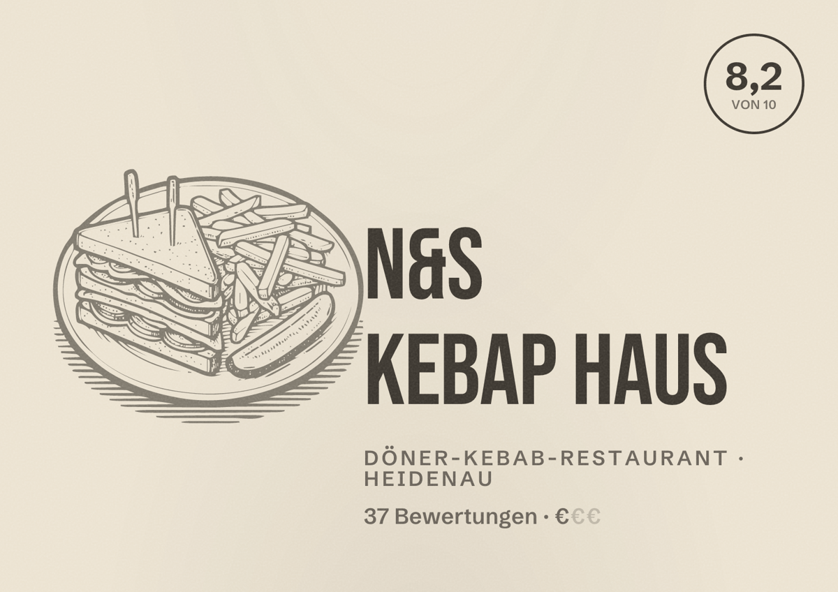 Illustriertes Poster von N&S Kebap Haus, Döner-Kebab-Restaurant in Heidenau: Bewertung 8,2 von 10 aus 37 Bewertungen, Preisniveau €