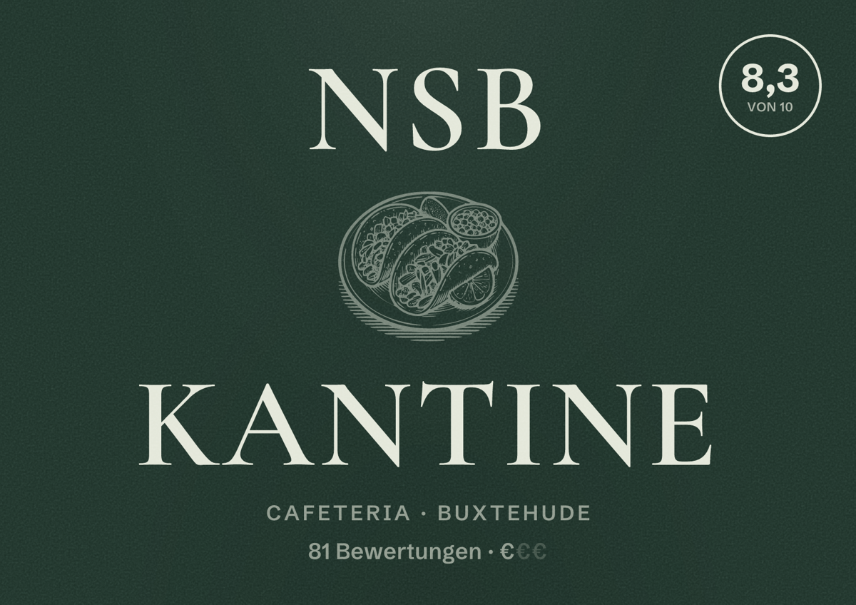 Illustriertes Poster von NSB KANTINE, Cafeteria in Buxtehude: Bewertung 8,3 von 10 aus 81 Bewertungen, Preisniveau €