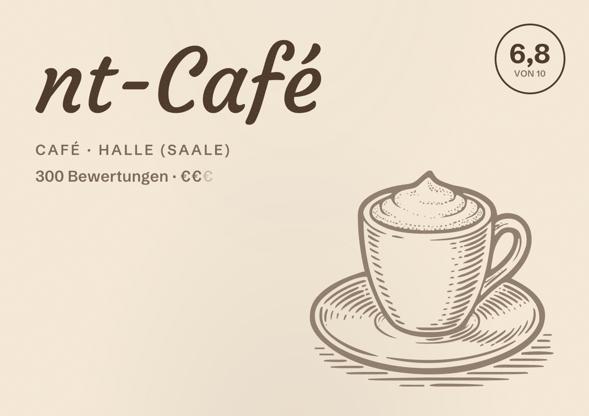 Illustriertes Poster von nt-Café, Café in Halle (Saale): Bewertung 6,8 von 10 aus 300 Bewertungen, Preisniveau €€