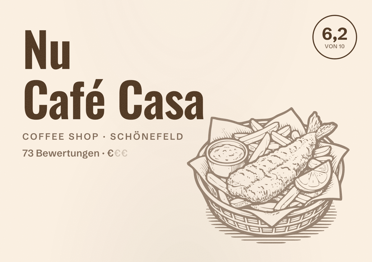 Illustriertes Poster von Nu Café Casa, Coffee Shop in Schönefeld: Bewertung 6,2 von 10 aus 73 Bewertungen, Preisniveau €