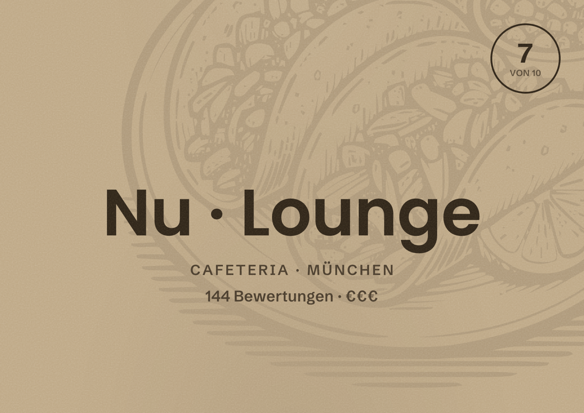 Illustriertes Poster von Nu Lounge, Cafeteria in München: Bewertung 7,0 von 10 aus 144 Bewertungen, Preisniveau €€€