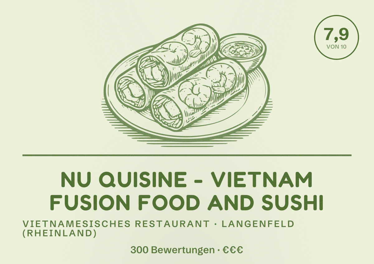Illustriertes Poster von Nu Quisine - Vietnam Fusion Food and Sushi, Vietnamesisches Restaurant in Langenfeld (Rheinland): Bewertung 7,9 von 10 aus 300 Bewertungen, Preisniveau €€€