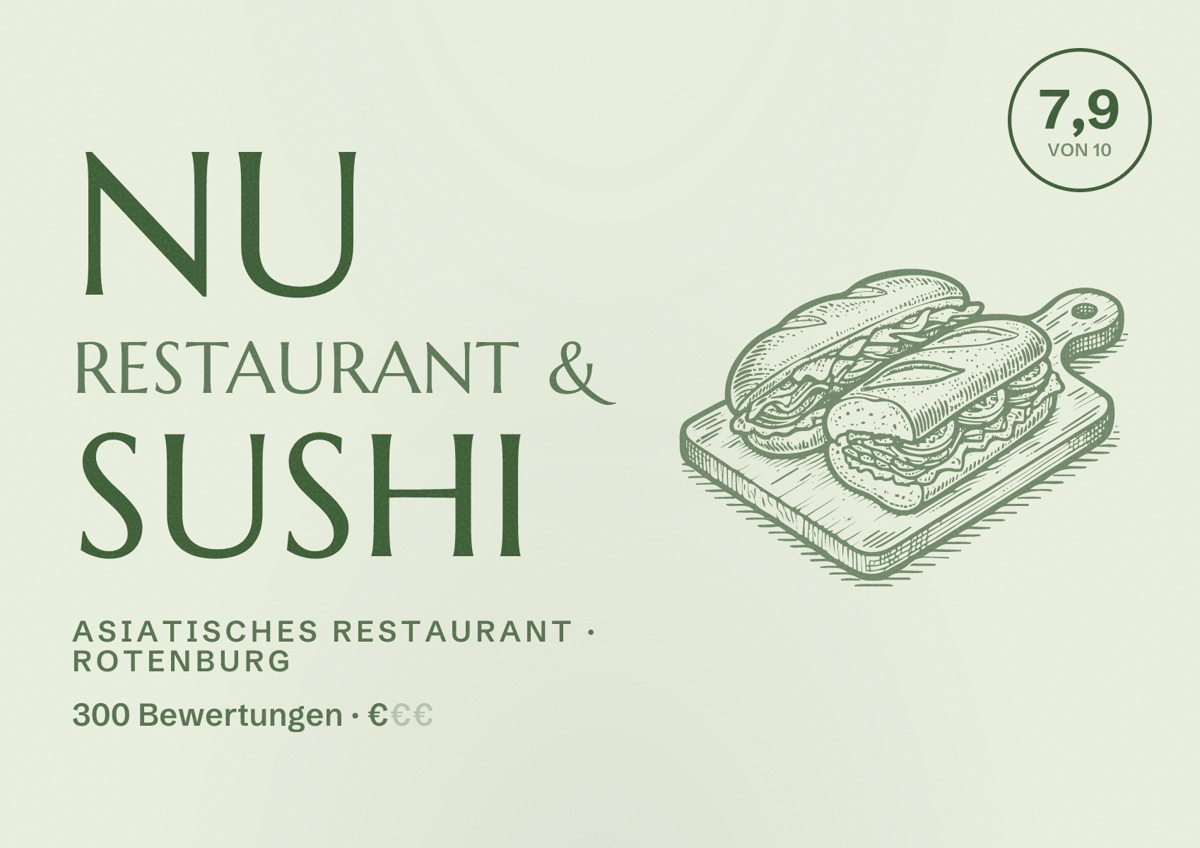 Illustriertes Poster von NU Restaurant & Sushi, Asiatisches Restaurant in Rotenburg: Bewertung 7,9 von 10 aus 300 Bewertungen, Preisniveau €