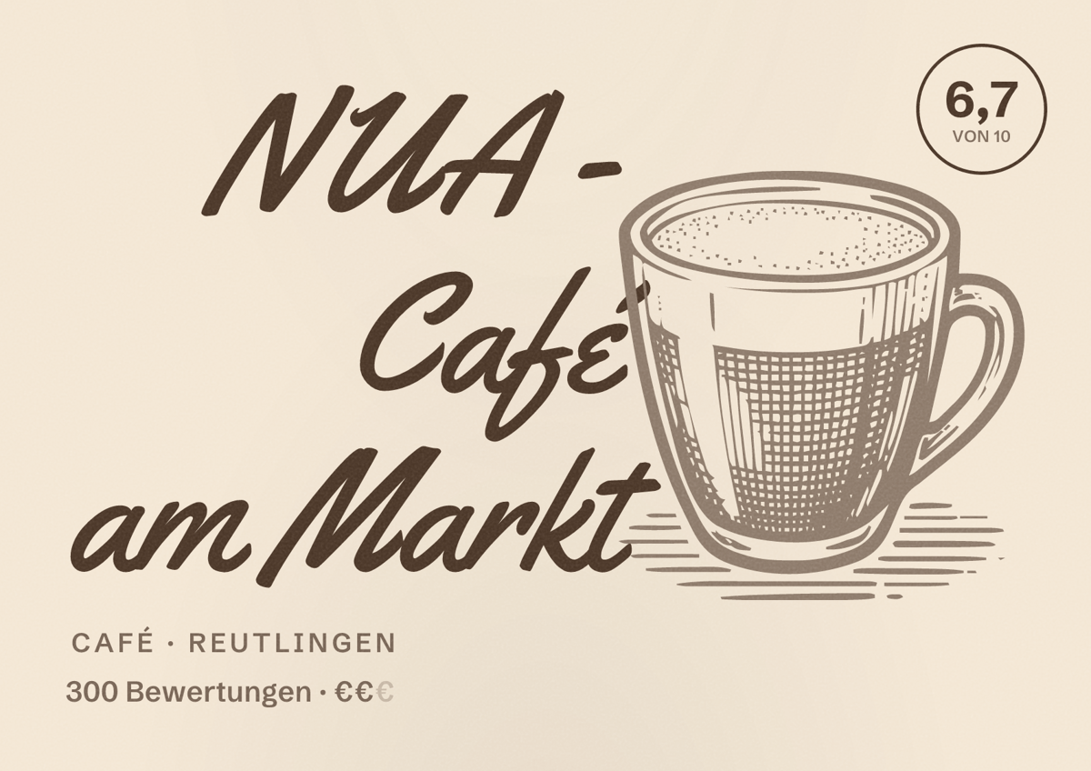 Illustriertes Poster von NUA - Café am Markt, Café in Reutlingen: Bewertung 6,7 von 10 aus 300 Bewertungen, Preisniveau €€