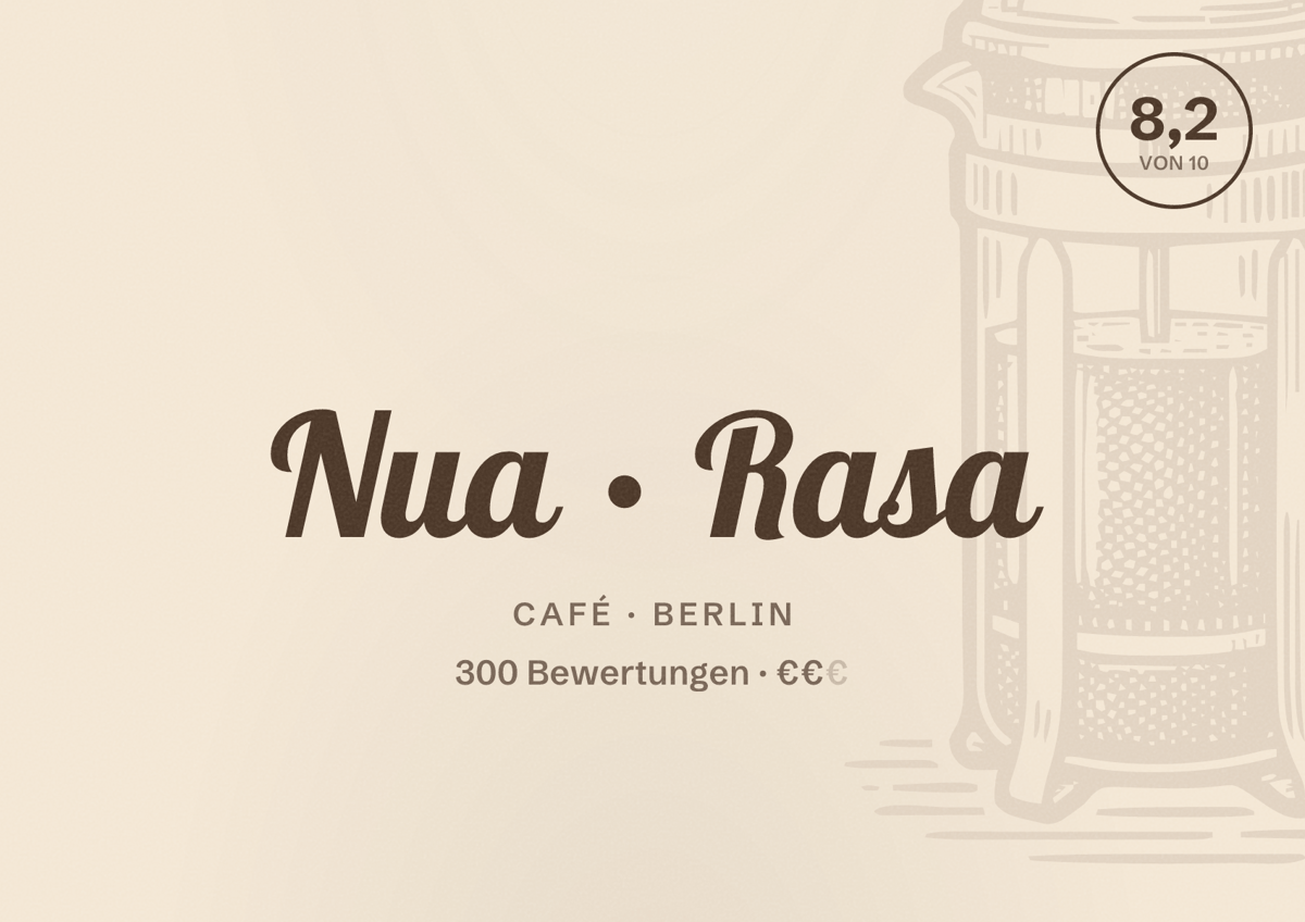 Illustriertes Poster von Nua Rasa, Café in Berlin: Bewertung 8,2 von 10 aus 300 Bewertungen, Preisniveau €€
