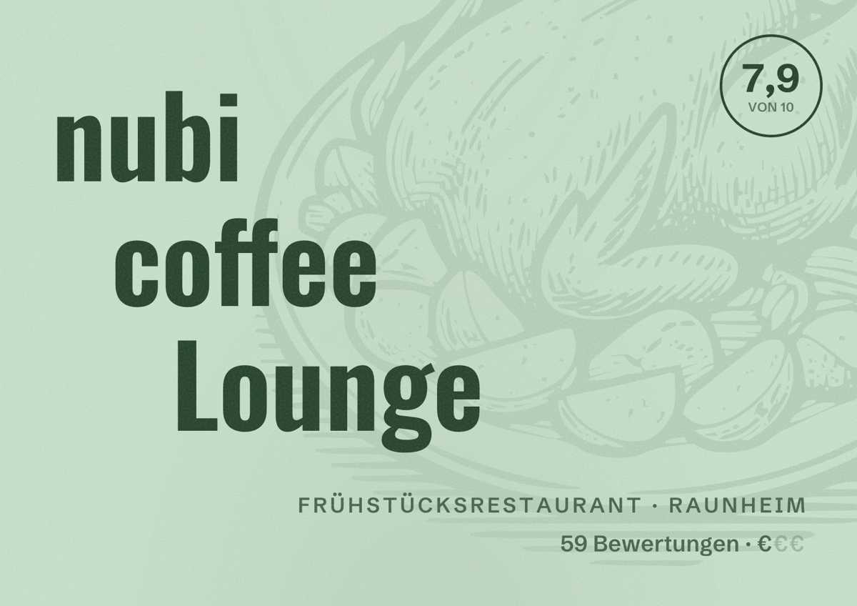 Illustriertes Poster von nubi coffee Lounge, Frühstücksrestaurant in Raunheim: Bewertung 7,9 von 10 aus 59 Bewertungen, Preisniveau €