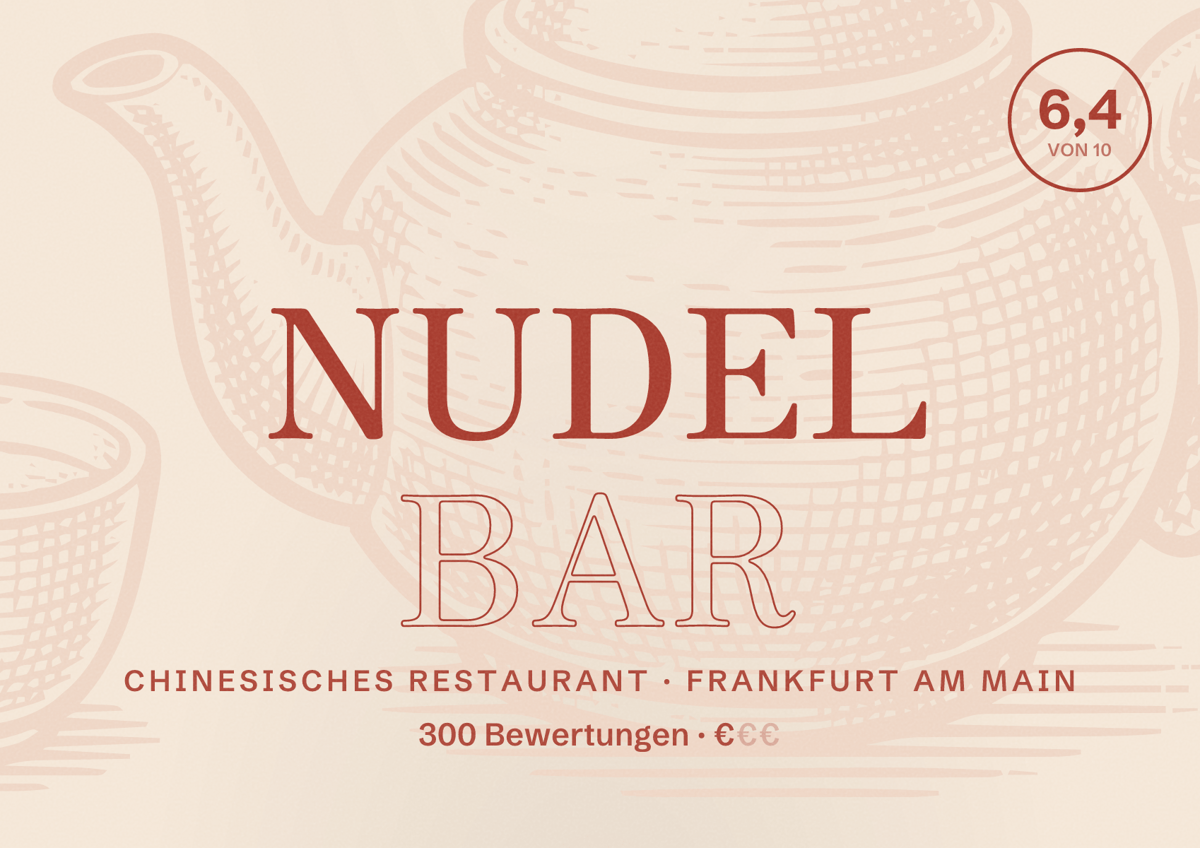 Illustriertes Poster von Nudel Bar, Chinesisches Restaurant in Frankfurt am Main: Bewertung 6,4 von 10 aus 300 Bewertungen, Preisniveau €
