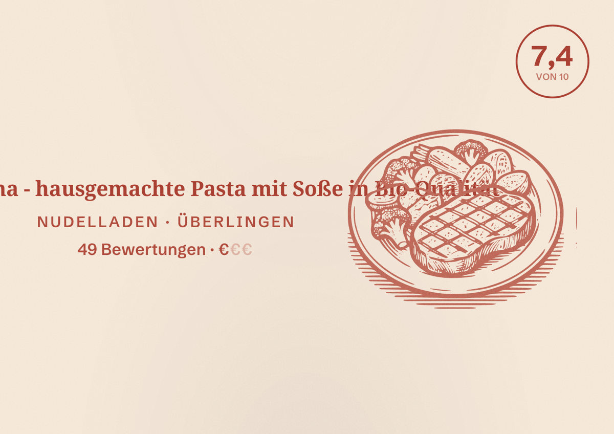 Illustriertes Poster von Nudel Emma - hausgemachte Pasta mit Soße in Bio-Qualität, Nudelladen in Überlingen: Bewertung 7,4 von 10 aus 49 Bewertungen, Preisniveau €
