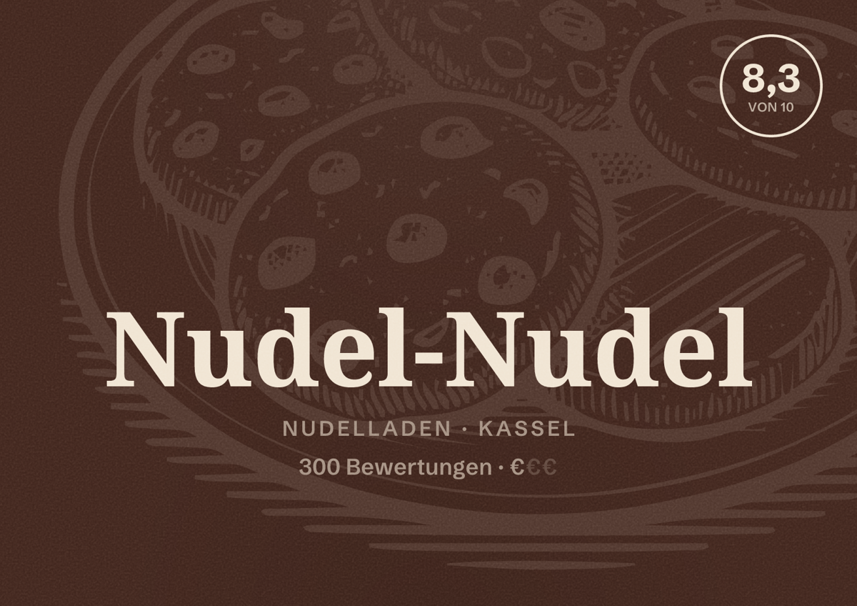 Illustriertes Poster von Nudel-Nudel, Nudelladen in Kassel: Bewertung 8,3 von 10 aus 300 Bewertungen, Preisniveau €