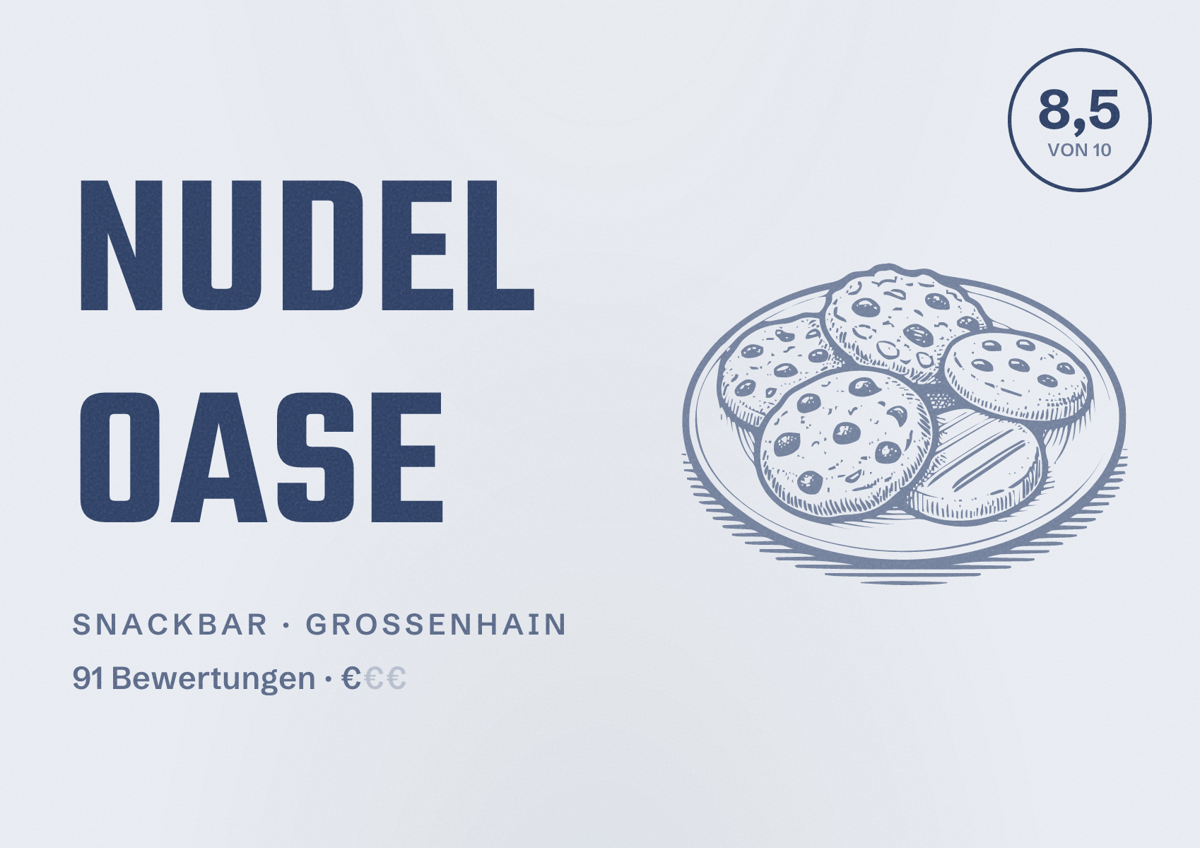 Illustriertes Poster von Nudel Oase, Snackbar in Großenhain: Bewertung 8,5 von 10 aus 91 Bewertungen, Preisniveau €