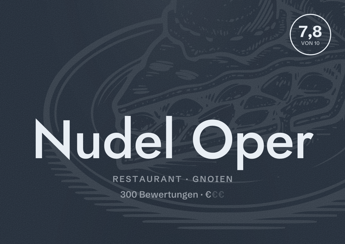 Illustriertes Poster von Nudel Oper, Restaurant in Gnoien: Bewertung 7,8 von 10 aus 300 Bewertungen, Preisniveau €