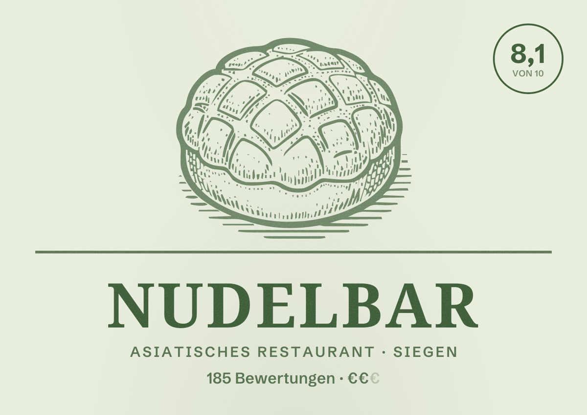 Illustriertes Poster von Nudelbar, Asiatisches Restaurant in Siegen: Bewertung 8,1 von 10 aus 185 Bewertungen, Preisniveau €€
