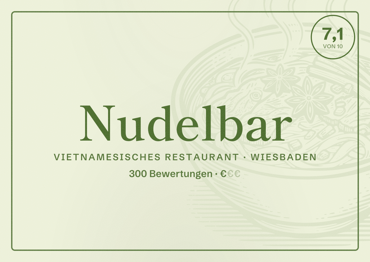 Illustriertes Poster von Nudelbar, Vietnamesisches Restaurant in Wiesbaden: Bewertung 7,1 von 10 aus 300 Bewertungen, Preisniveau €