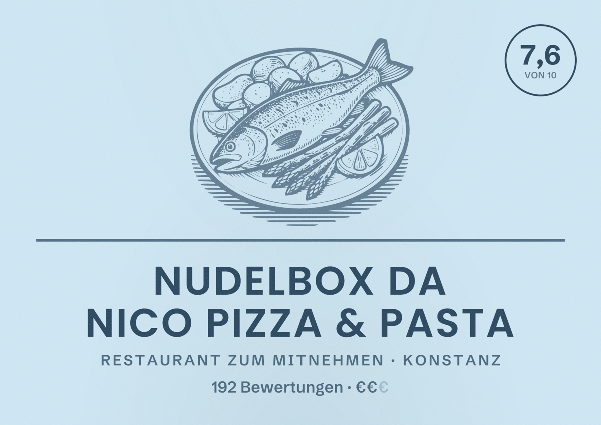Illustriertes Poster von NUDELBOX Da Nico Pizza & Pasta, Restaurant zum Mitnehmen in Konstanz: Bewertung 7,6 von 10 aus 192 Bewertungen, Preisniveau €€
