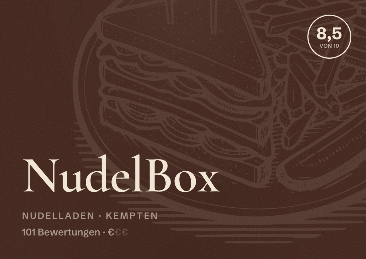 Illustriertes Poster von NudelBox, Nudelladen in Kempten: Bewertung 8,5 von 10 aus 101 Bewertungen, Preisniveau €