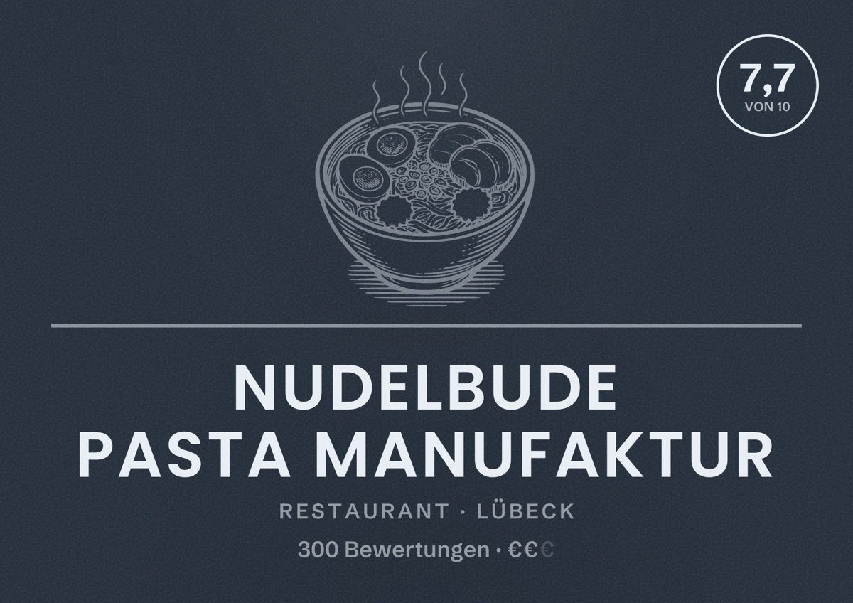 Illustriertes Poster von Nudelbude Pasta Manufaktur, Restaurant in Lübeck: Bewertung 7,7 von 10 aus 300 Bewertungen, Preisniveau €€