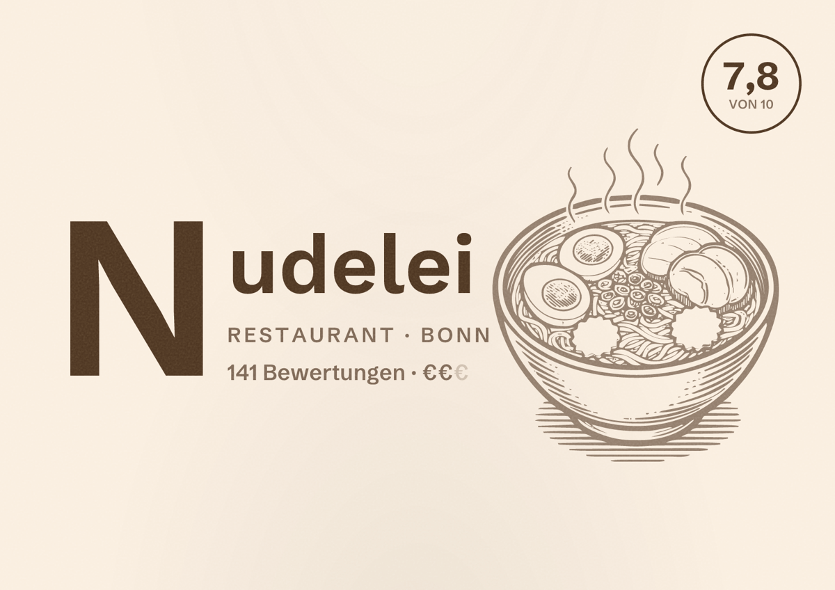 Illustriertes Poster von Nudelei, Restaurant in Bonn: Bewertung 7,8 von 10 aus 141 Bewertungen, Preisniveau €€
