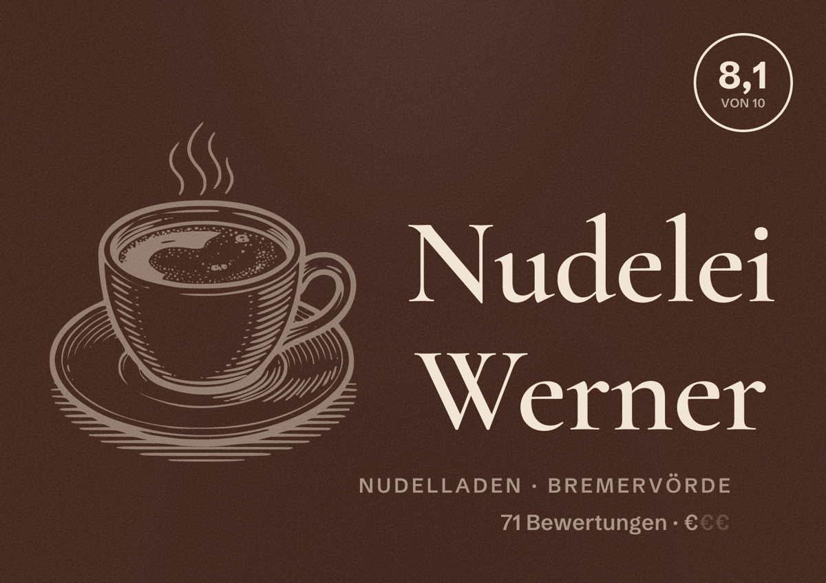 Illustriertes Poster von Nudelei Werner, Nudelladen in Bremervörde: Bewertung 8,1 von 10 aus 71 Bewertungen, Preisniveau €