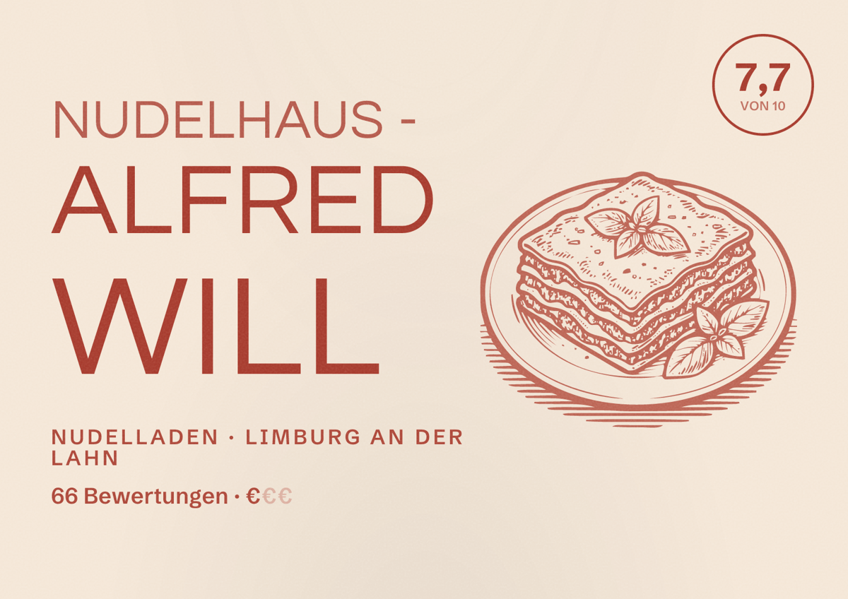 Illustriertes Poster von NUDELHAUS - Alfred Will, Nudelladen in Limburg an der Lahn: Bewertung 7,7 von 10 aus 66 Bewertungen, Preisniveau €