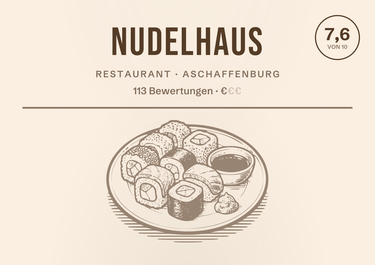 Illustriertes Poster von Nudelhaus, Restaurant in Aschaffenburg: Bewertung 7,6 von 10 aus 113 Bewertungen, Preisniveau €