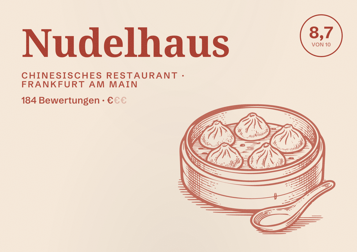 Illustriertes Poster von Nudelhaus, Chinesisches Restaurant in Frankfurt am Main: Bewertung 8,7 von 10 aus 184 Bewertungen, Preisniveau €