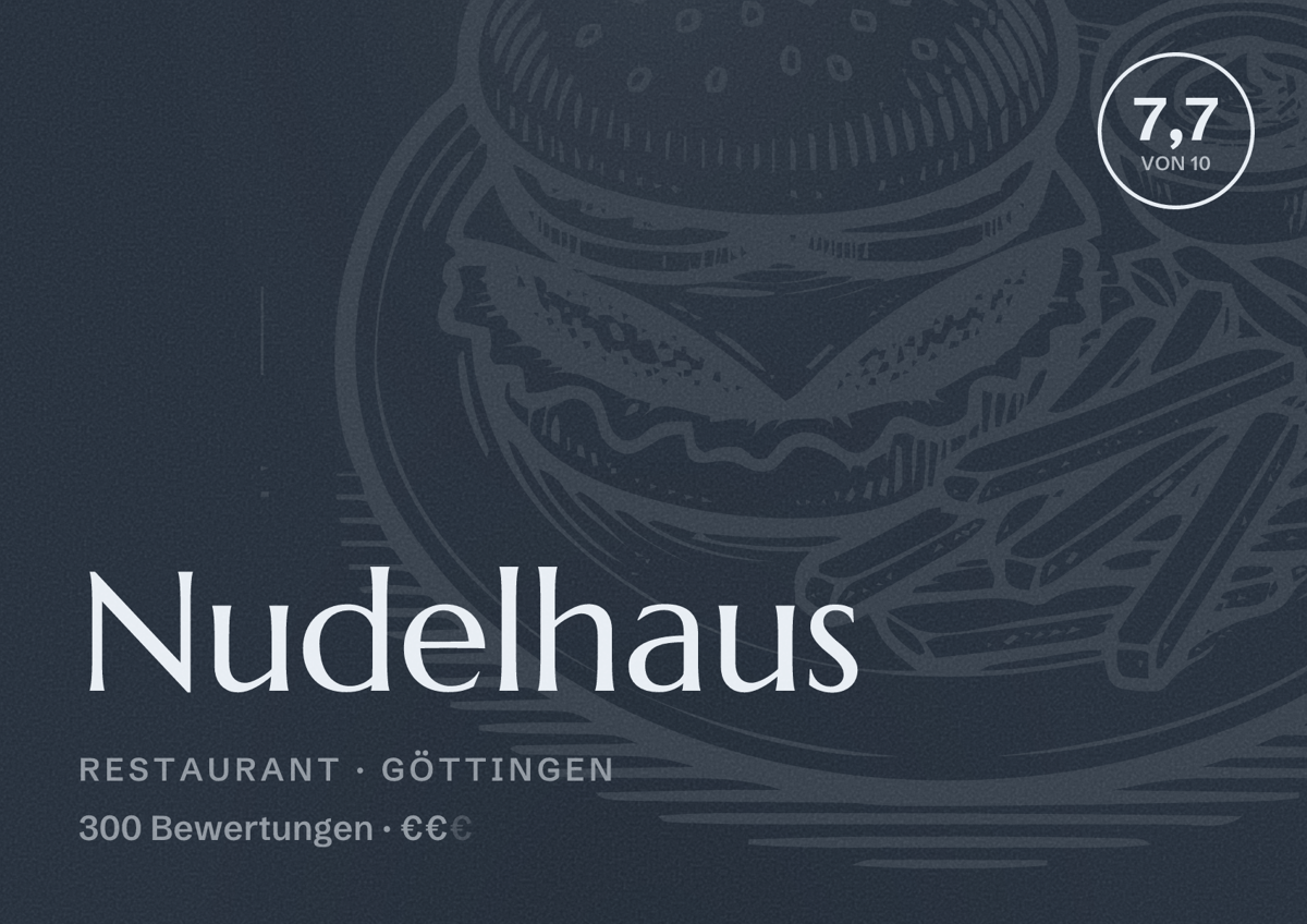 Illustriertes Poster von Nudelhaus, Restaurant in Göttingen: Bewertung 7,7 von 10 aus 300 Bewertungen, Preisniveau €€